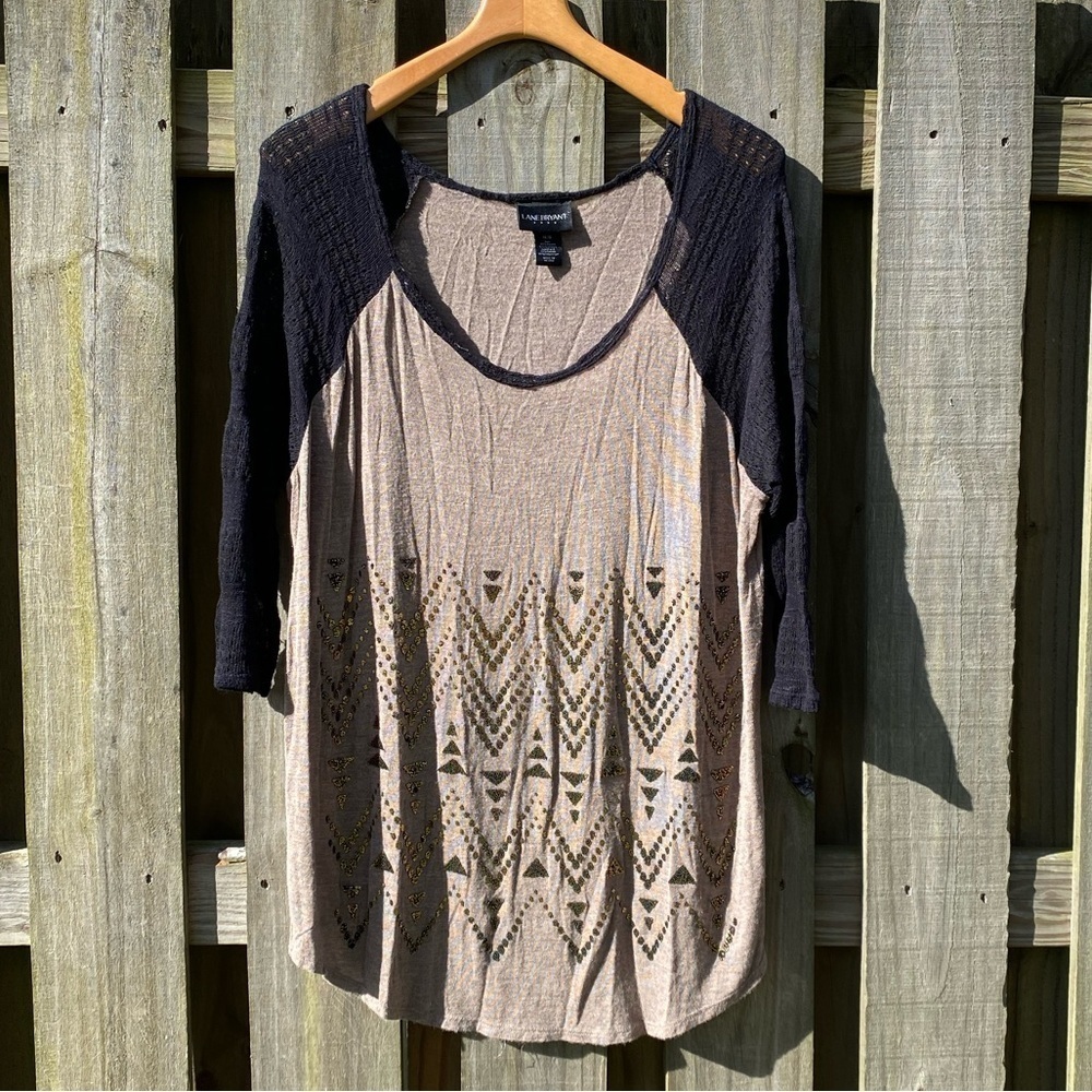 Lane Bryant Raglan/Baseball Style Blouse w/Aztec Embellishment Eyelet Sleeves